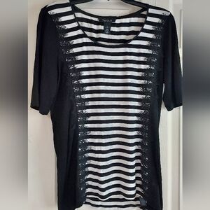 Shirt Top M Black Stripe Lace Fringe  Nautical Whimsigoth Dark Fairy Siren Goth